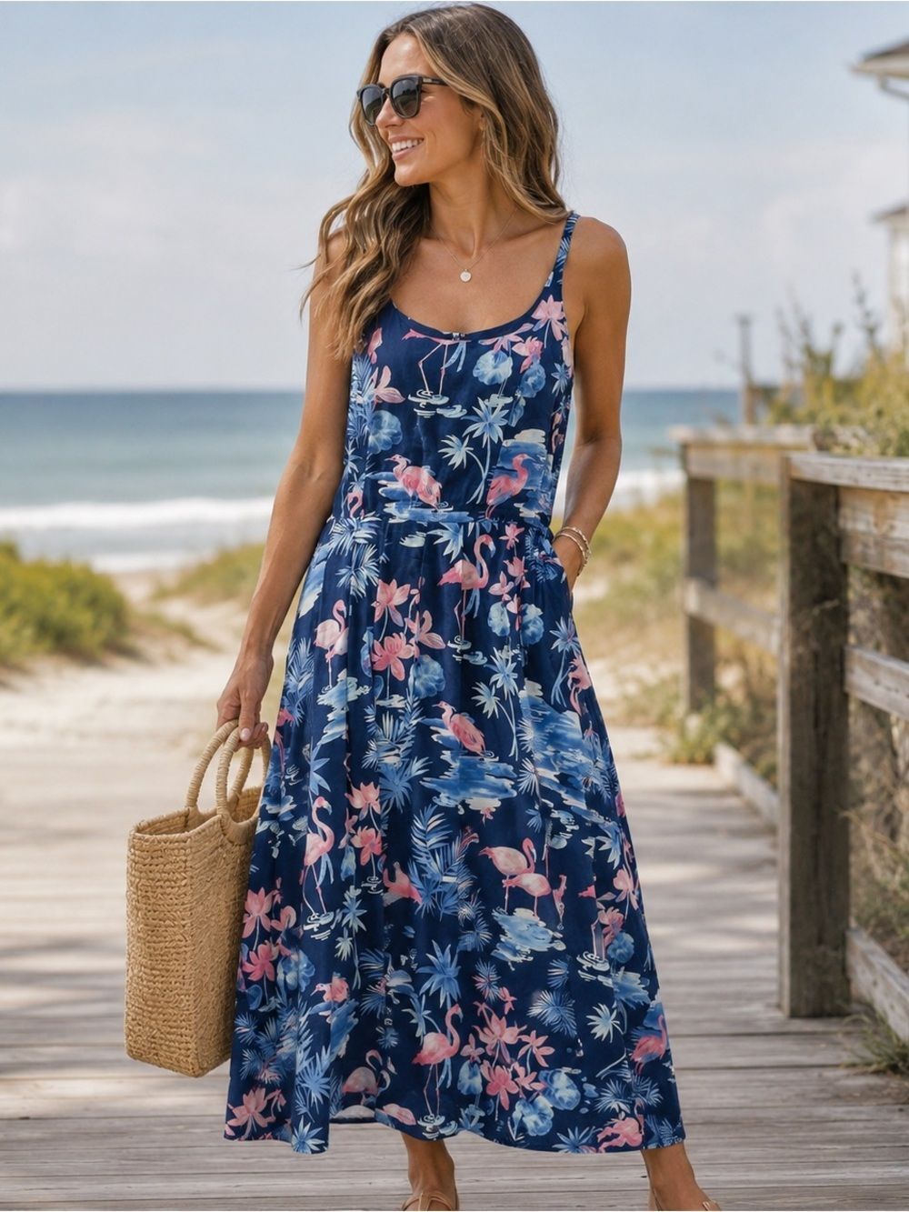 Tori Richard Tropical Flamingo Midi Dress | Size 4 | 100% Cotton